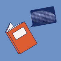 Image depicts an open book with a speech bubble, representing a book blurb.